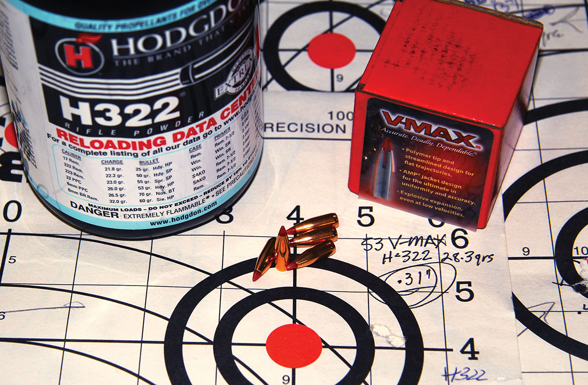 Hornady’s 53-grain V-MAX seated over 28.3 grains of Hodgdon 322 produced this .31-inch, five-shot group at 3,506 fps.